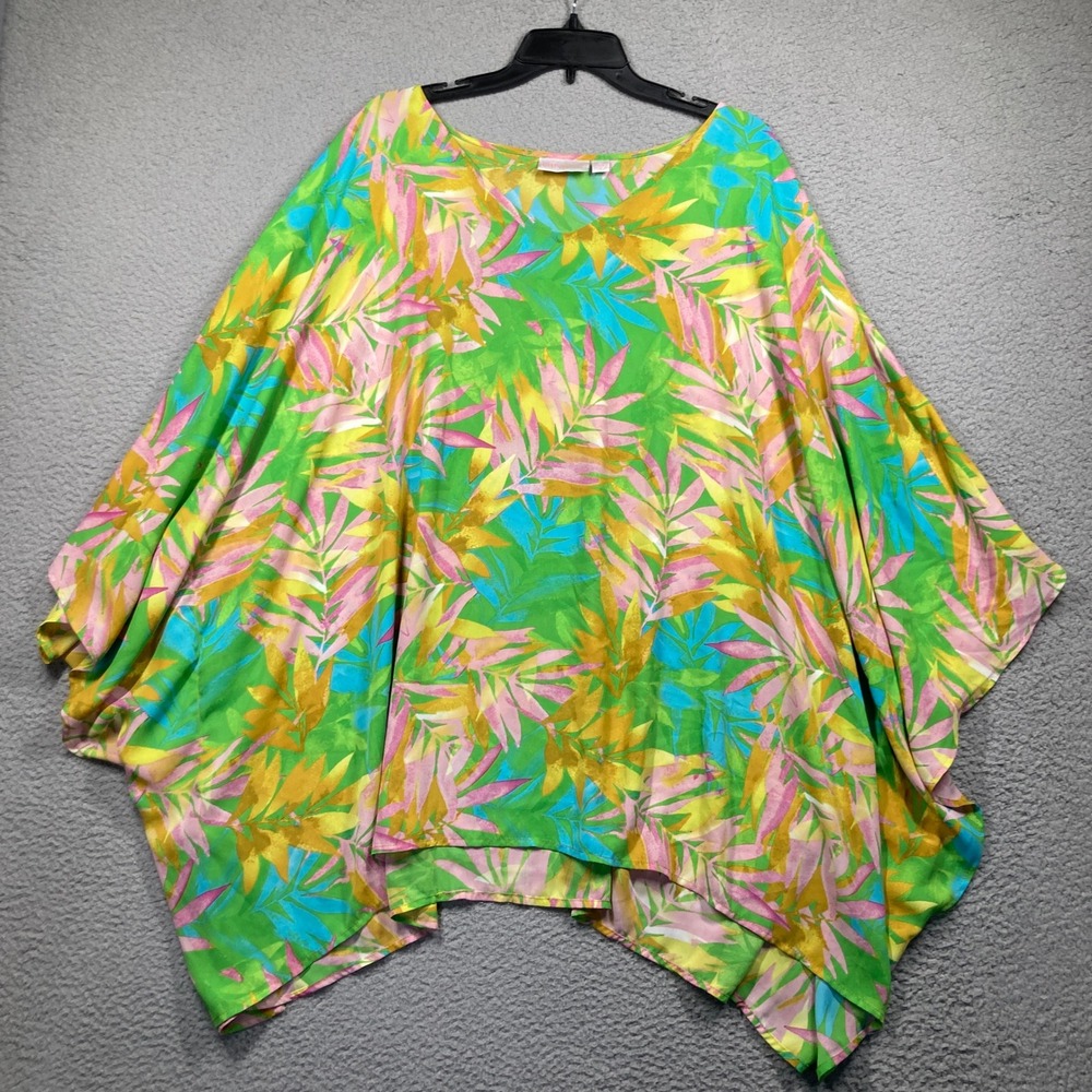 Belle by Kim Gravel Poncho Top Womens 4X Green Multi Tropical Leaf Draped Flowy